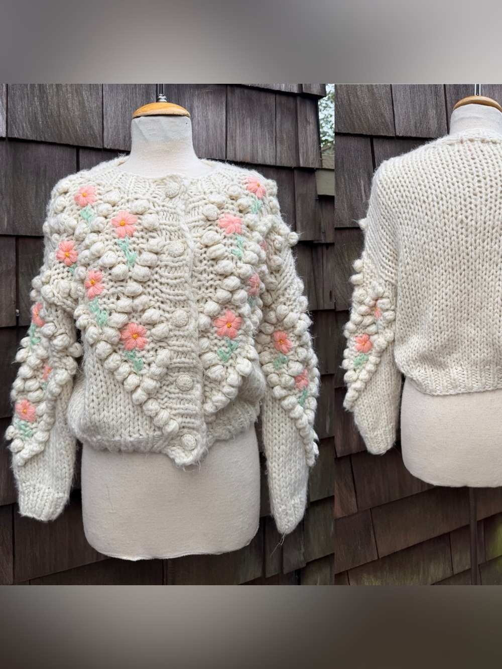 Sugar Thrillz bulky knit cardigan sweater floral ivory pink green Sz XS.